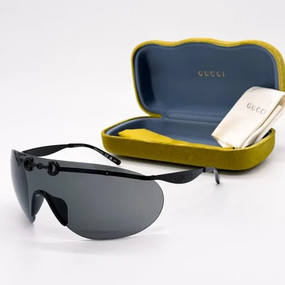 NEW AUTHENTIC GUCCI GG1656S 001, BLACK METAL OVERSIZED MASK SUNGLASSES G…